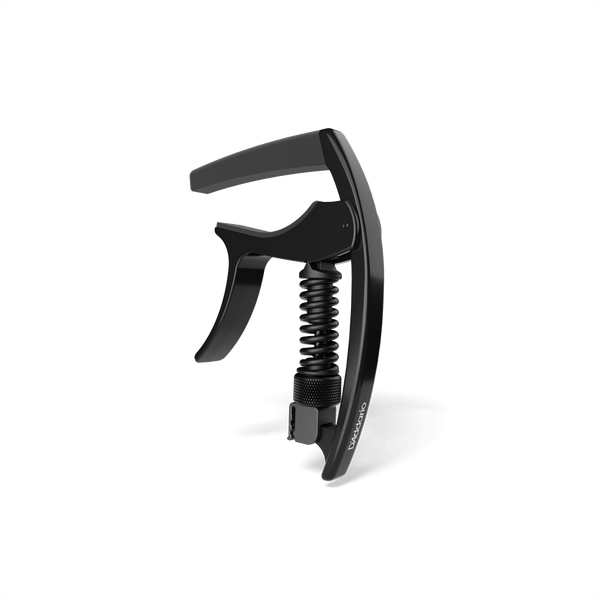 Black D'Addario Tri-Action adjustable spring guitar capo
